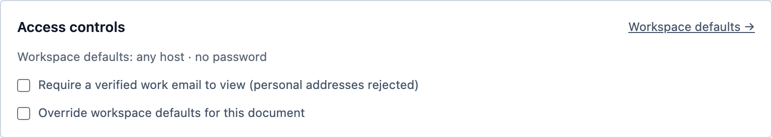 The access controls section with workspace defaults and per-document override