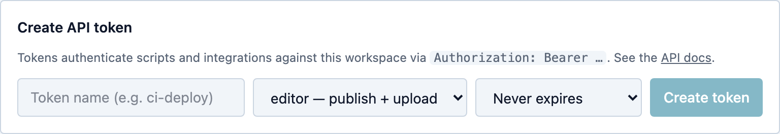The API token creation form with role and expiry options
