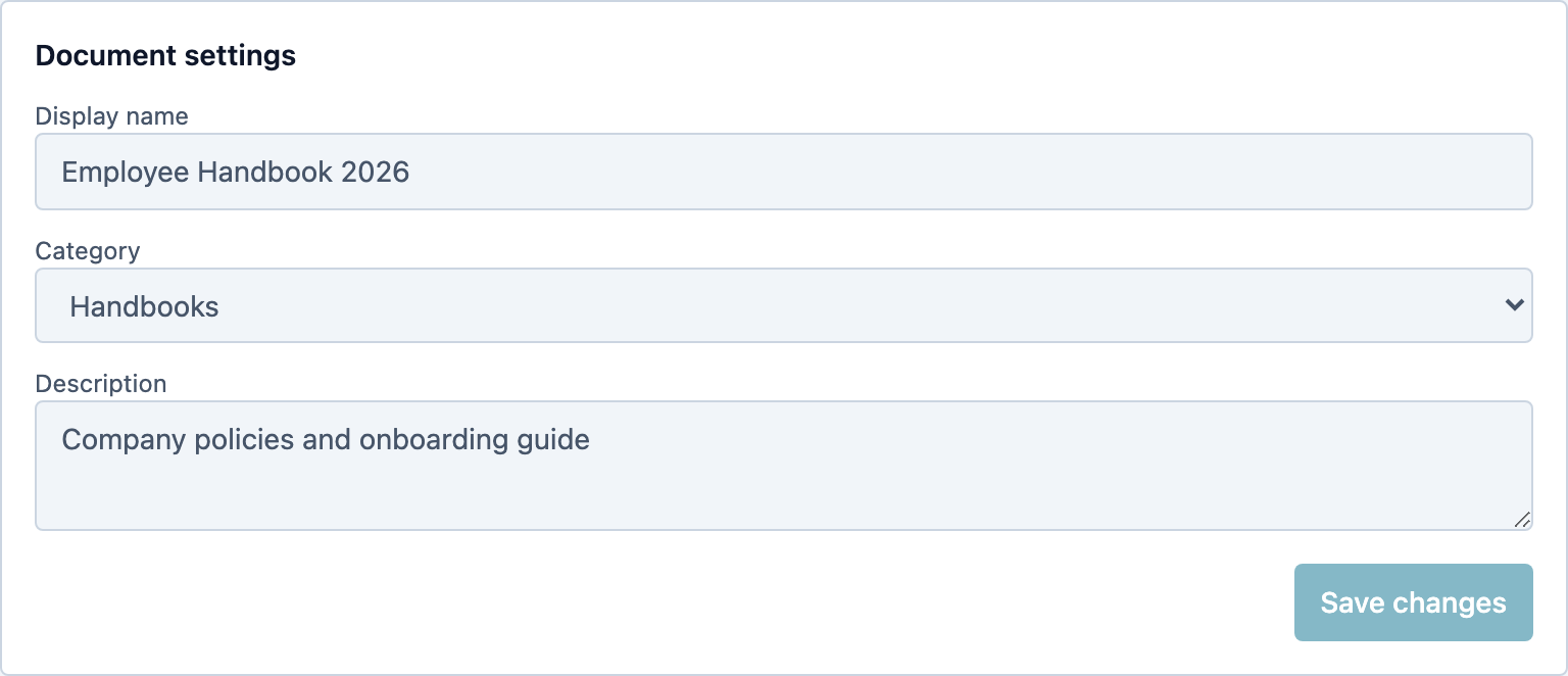The document settings card with preview thumbnail, name, category, and description