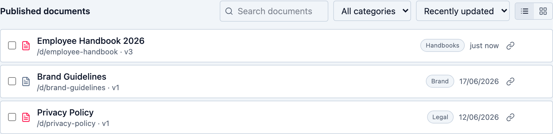 The published documents list with search, category filter, sort, and view toggle