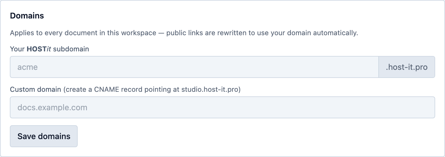 The domains card with subdomain claim and custom domain fields