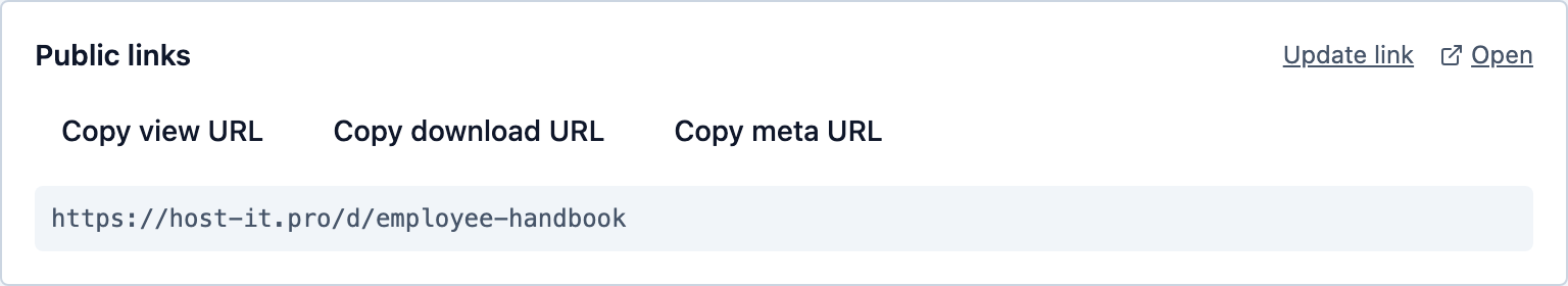 The public links card with copy view, download, and meta URL buttons