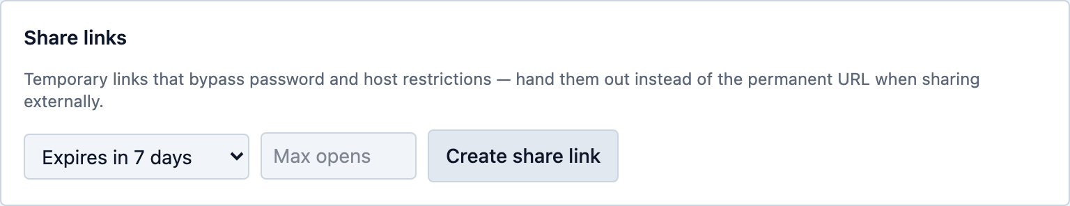 The share links card with expiry and max-opens options