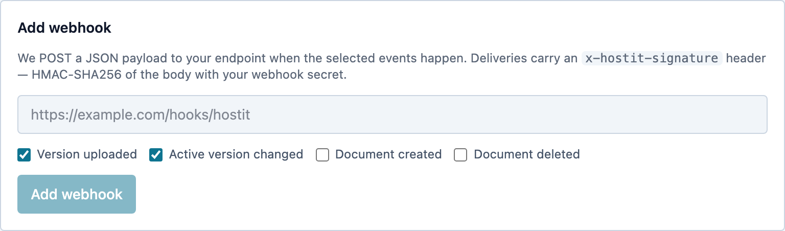 The webhook creation form with event checkboxes