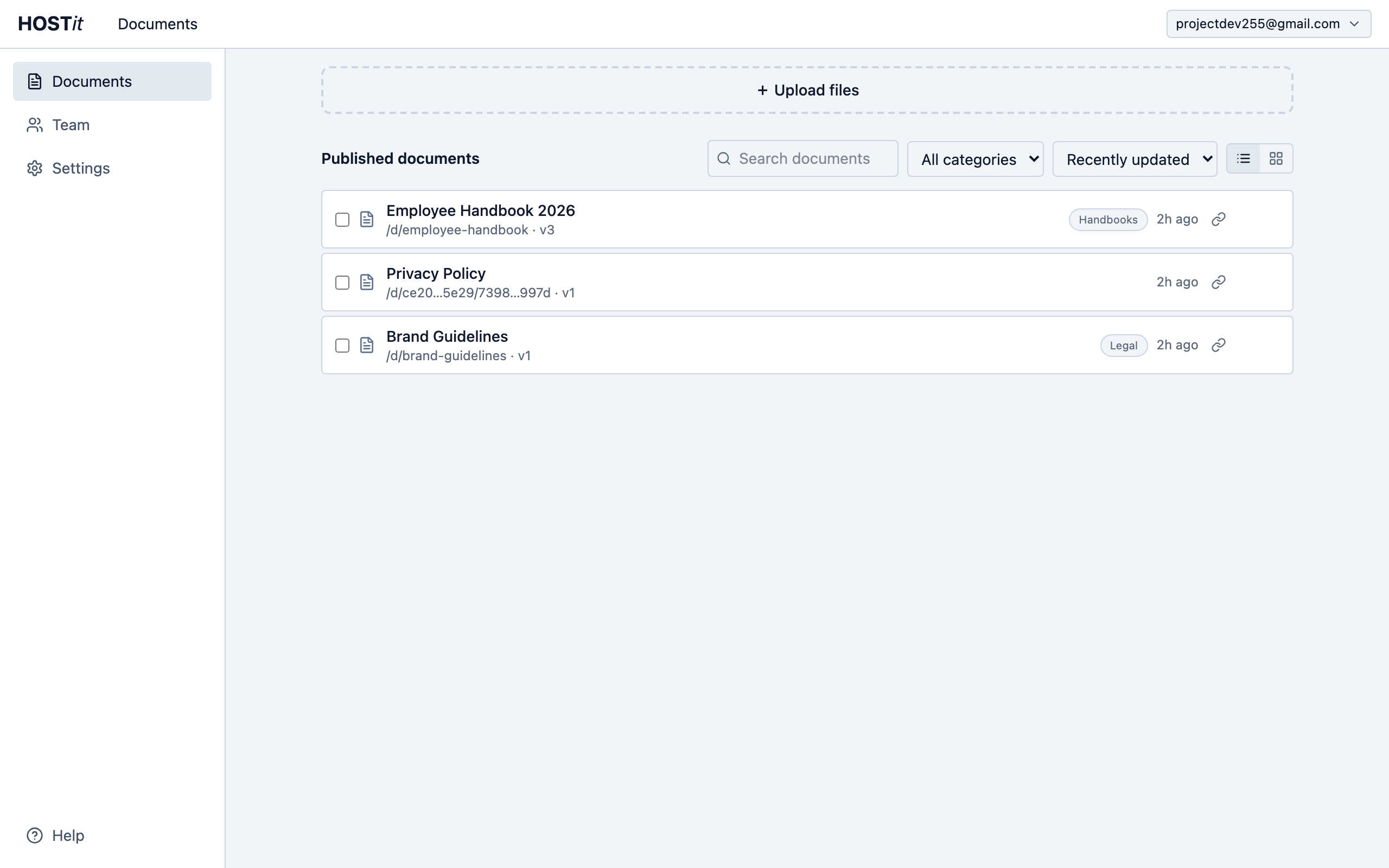 The HOSTit documents page with the upload drop zone, search, and a list of published documents