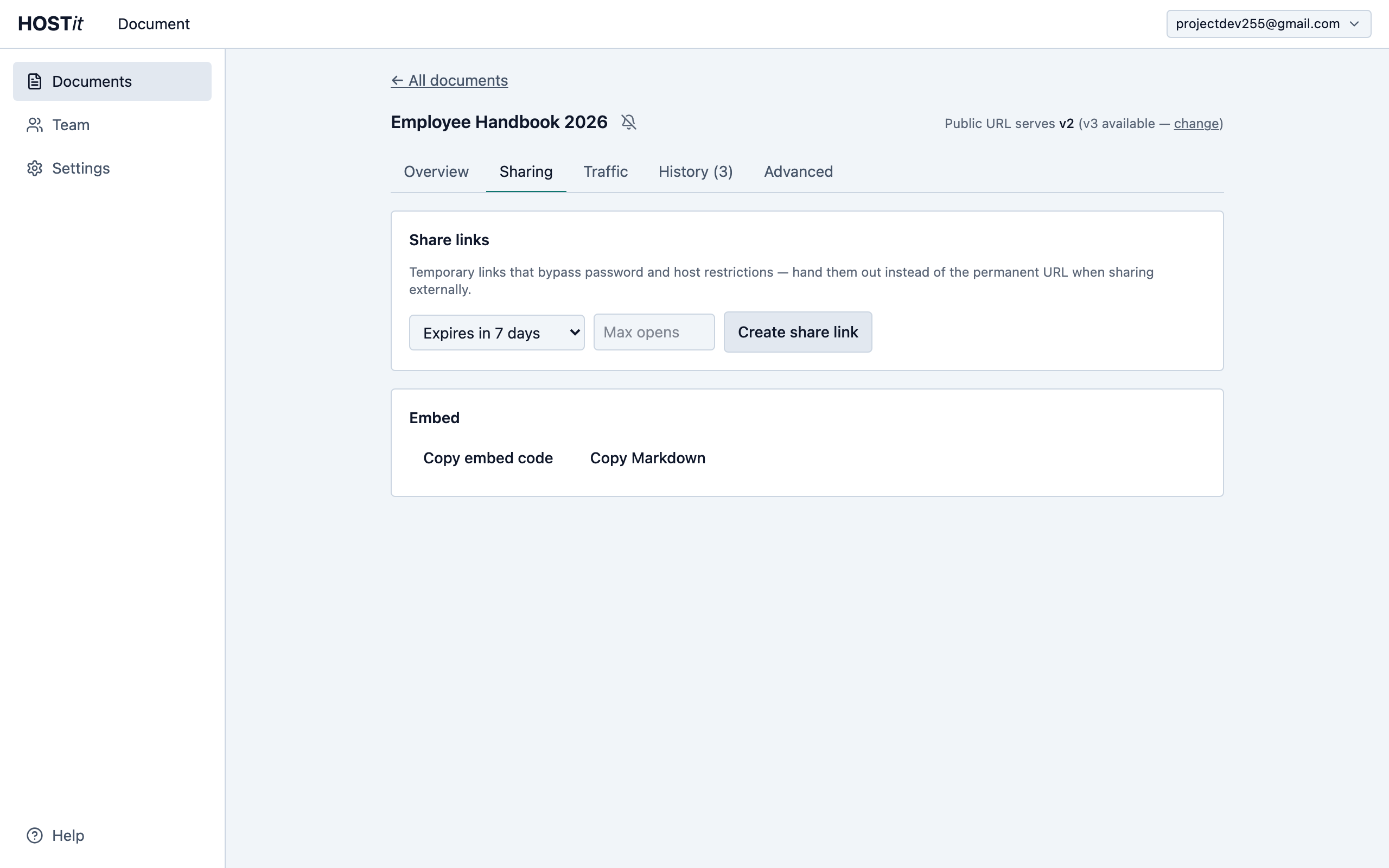 The sharing tab where expiring share links are created and managed